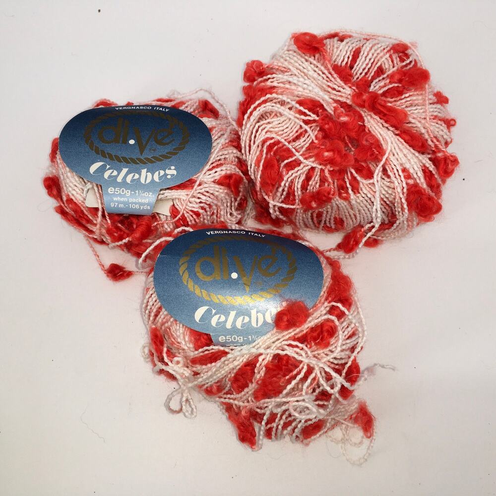 DMC Celebes Yarn *LOT OF 3* Red White Pom Pom Specialty Knitting Crochet Fancy